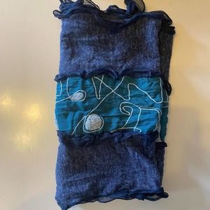 Fredd + Basha Navy Rectangular Embroidered Coastal Grandma Lagenlook Scarf
